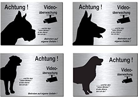 Boxer-Schäferhund-Rottweiler-Retriever-Video-Hund-Schild-Hundeschild-300 x 200 x 3 mm-Aluminium Edelstahloptik-Schilder-Tierschild-Warnschild-Hinweisschild (133-41 Retriever mit 4 Löcher)