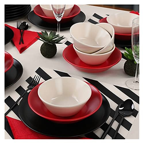 Juego de Platos y Boles de Gres Negro Mate - Rojo - Crema Vajilla 36 Piezas Compatible con 12 Personas Trend Decoration Sets