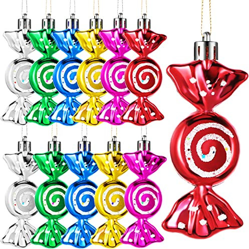Threan 12 Pieces Christmas Candy Ornaments Hanging Glitter Candy Cane Decoration Christmas Tree Peppermint Ornaments with Golden Ropes for Xmas Halloween Party Decorations(Mix Colors)