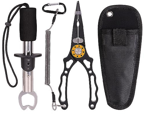 Fishing Pliers Set, Fishing Hook Remover Aluminum Fishing Plier, Line Cutter Hook Remover Multi Tool, Fish Clip Clamp Scissors Plier, Fish Control Device Knife Pliers with Safety Bag (Black)