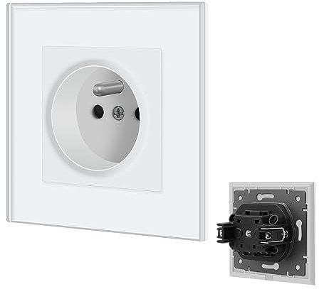 BSEED Prise Murale,Prises electriques Standard avec des griffes,16A 110-250V Single Prise de Courant Alternatif avec Panneau en Verre Cristal,Prise Encastrable, pour Bureau à Domicile(1 Prise,Blanc)