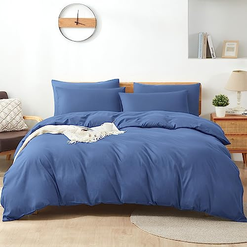 Sufdari Bettwäsche 200x200 Baumwolle Blau, 100% Baumwolle Bettbezug aus Atmungsaktive, Bettwäsche-Set mit 2 Kissenbezüge 80x80 cm+ 1 Bettbezug mit Reißverschlus