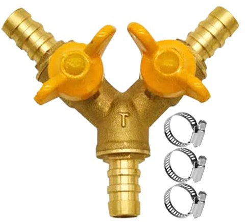 3 Wege Schlauchverbinder, Y Messing Ventilverbinder mit 3 Schlauchschellen für Schlauch-ID 10mm-16mm, Wasserhahn-Verteiler für Gartenbewässerung Industrie(Gold)