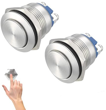 16mm Interruttore a Pulsante, 2 Pezzi Pulsante Momentaneo in Metallo, Interruttore a Pulsante in Metallo in Acciaio Inox, Pulsante Impermeabile in Metallo in Acciaio Inossidabile (Testa Alta)