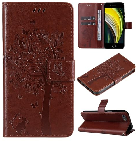 VEEMOS Handyhülle für iPhone 8/7 / iPhone SE 2020 2022 Hülle Klappbar Katze-Baum mit Kartenfach Klapphülle Schutzhülle Handy Tasche Leder Book Flip Case Cover Handytasche Damen - Braun