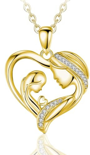 INFUSEU Mutter Tochter Kette, 925 Silber 18K Gold Anhänger Mama Geschenk Stiefmutter Kind Halkette Mutter Sohn Schmuck Familienkette Geschenk Für Mama Frauen Unsere Dame