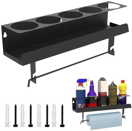 GHIBFBT Spray Bottle Holder, 5 Can Space Saving Wall Mounted Metal Spray Can Storage Rack, Stable Spray Bottle Organizer for Garage, Workshop (1, Hanging Rod Type)