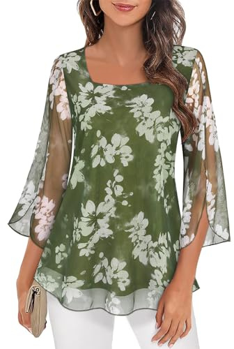 Syphiby Womens Floral Blouse, Ladies Summer Tops Ladies Cute Causual Tunic Tops to Wear with Leggings Womens Party Elegant Square Neck Blouses 3/4 Sleeve Ruffle Blouse
