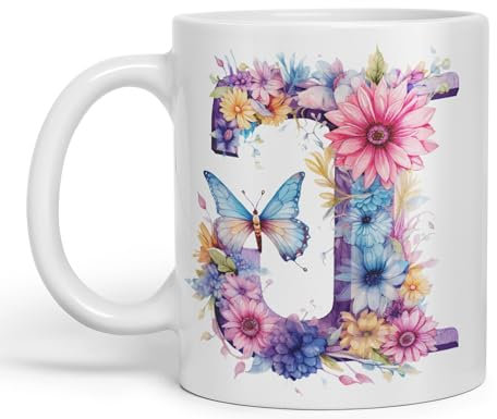 Vixar Letter J Mug, Floral Flowers Butterfly Alphabet Letter J Monogram Watercolour Ceramic Coloured Mug Cup for Tea Coffee Hot Brew 330ml 11Oz Gift (White)