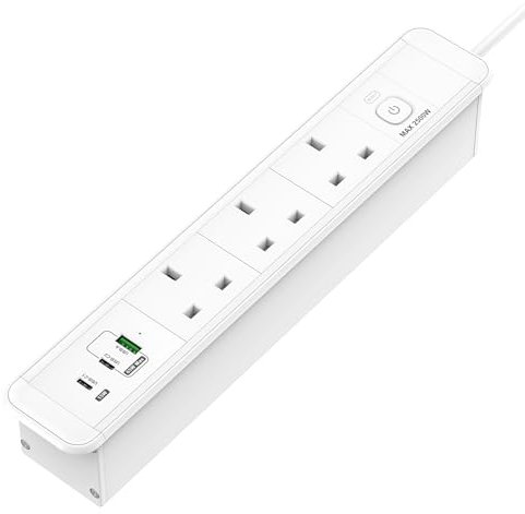 Desktop Power Strip with USB C With 3 UK Plugs, BQO Aluminium Alloy Recessed Power Socket with 1 USB-A, 2 USB-C Ports,Overload Switch, Desk Power Socket for Office Home,1.8M/ 5.9FT Cable, White