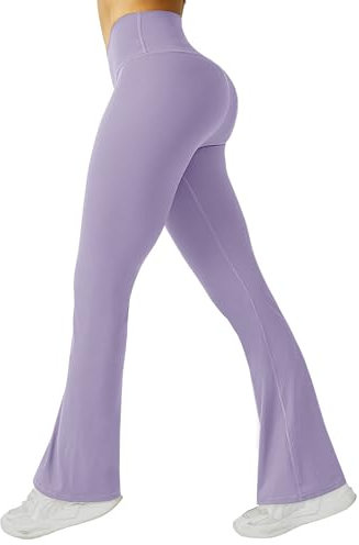Friptspyg Damen Hose mit Taschen High Waist Yogahose Causal Jogginghose Elastische Sporthose Outfit Weite Bootcut Flared Leggings, Lila S