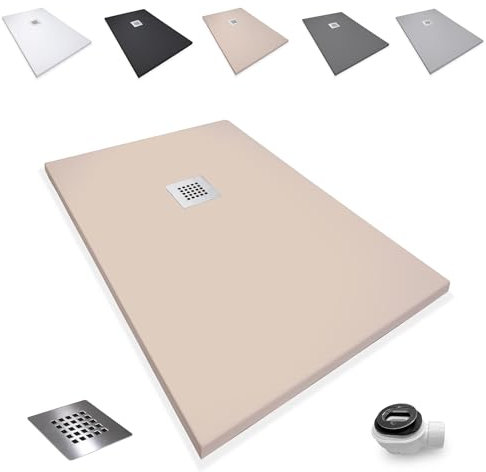 Plato de Ducha Antideslizante 80x180cm - Plato Ducha Resina Resistente a Agentes Químicos - Plato Ducha Antibacteriano - Incluye Rejilla Desagüe Ducha y Válvula Sifón Plato Ducha - Color Beige