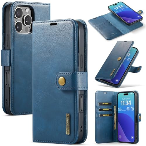 QANXGOG Custodia per iPhone 16/16 Plus/16 Pro/16 PRO Max, Custodia 2 in 1 in Pelle PU Magnetica Staccabile con Slot per Carte, Porta Contanti, Copertura Antiurto,Blue,16 Plus