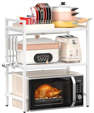 Rainbow Tree 3-Tier Expandable Microwave Oven Rack Countertop for Kitchen, Microwave Shelf Stand Metal with 6 Hooks, Baker Rack, Adjustable Kitchen Shelf Organizer White(White, 3-Tier)
