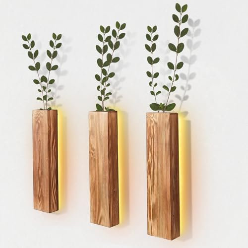 Btstil 3 Stück Holz Wandvase, Wand Pflanzgefäß Heimdekoration, Hängende Pflanzgefäße aus Holz für Trockenblumen Und Künstliches Grünpflanzen (3 Stück mit LED Lichtern)