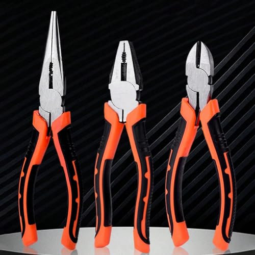 3-Piece Pliers Set, 160mm Long Nose Plier,200mm Combination Plier Carbon Steel Side Cutter Wire Cutters Pliers,oft Grip Hand Tools Kit | Carbon Steel Long Nose Soft Handles, for DIY Household Repair