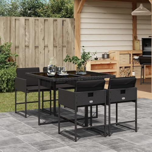 IKAYAA Gartenmöbel Set Rattan 4 Personen Garten sitzgruppe 4 Personen Gartentisch Set mit 4 stühlen Sitzgruppe Outdoor Balkon Möbel wetterfest Gartengarnitur mit Kissen-Schwarz-5-tlg