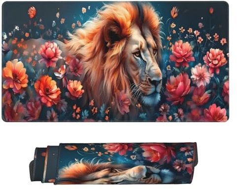 Mouse Mat Lion Mouse Pad Large 31.5x15.8 inch, Waterproof Desk Mat with Stitched Edge, Extended Comfortable Gaming Mousepad Flower with Smooth Cloth Surface, Mousemat for Gaming, Office Home U-955