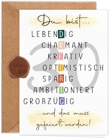Giftota Geburtstagskarte 30 Jahre Frau Mann (A6 Klappkarte mit Umschlag & Wachssiegel), Schöne Geschenkkarte zum 30. Geburtstag mit besonderen Designs, 30. Grußkarten für Freunde, Geliebte und Eltern