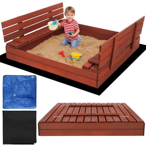 Sandkasten mit Abdeckung 140 cm – Holz Sandkasten mit Bank & Deckel, wetterfest & imprägniert für Kinder – Sandkiste aus FSC-zertifiziertem Holz – SPRINGOS