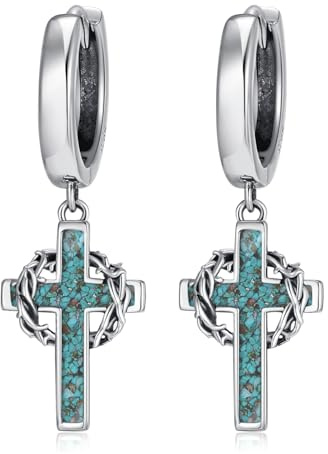 QHQPQ Krone Kreuz Creolen 925 Sterling Silber Krone der Dornen baumeln Ohrringe Schmuck katholische Geschenke für Männer Frauen, S, Sterling Silber, Türkis