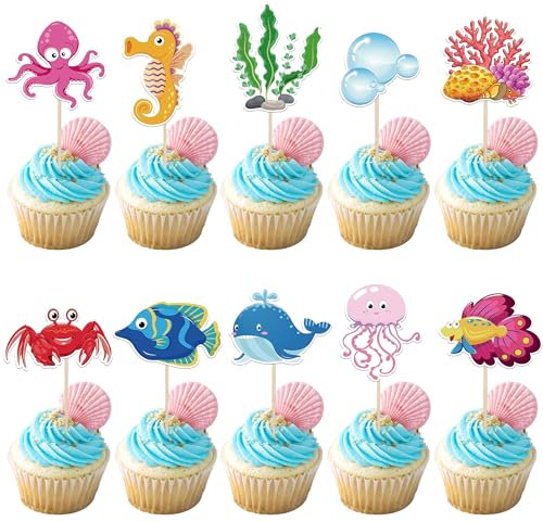 SYKYCTCY 40 Pack Ocean Animal Cupcake Toppers Under the Sea Mermaid Tail Cupcake Picks for Summer Octopus Seahorse Sea Turtle Theme Baby Shower Kids Birthday Party Cake Decorations Supplies