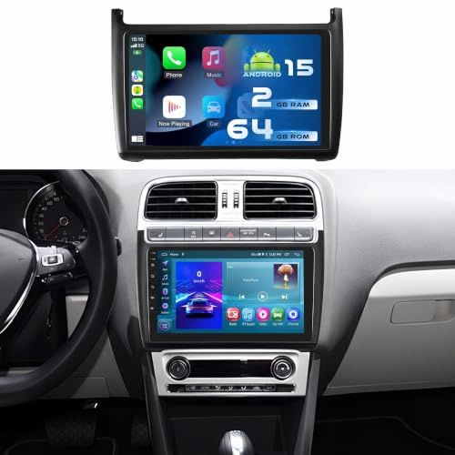 2+64G Autoradio per Volkswagen Polo 2011-2016 con CarPlay Android Auto | 9 pollici Radio Android 15 con Bluetooth FM/RDS GPS WiFi Mirror Link EQ SWC Navi microfono telecamera di retromarcia