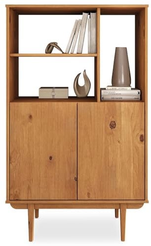 IDIMEX Highboard Simona mit offenem Regal in Massivholz Eiche Farben – Wohnzimmer Kommode mit 3 offenen Fächern und 2 Türen – Bücherregal mit Türen – Retro Holzschrank