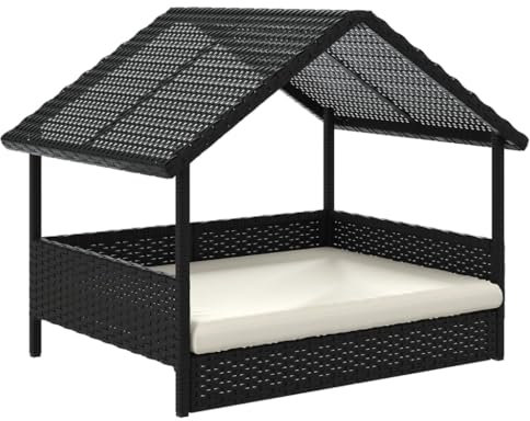 vidaXL Hundehütte mit Kissen, Hundehaus mit Stahlgestell Dach, Hundezwinger mit Erhöhter Boden, Hundekäfig Haustierhütte Tierhaus, Poly Rattan