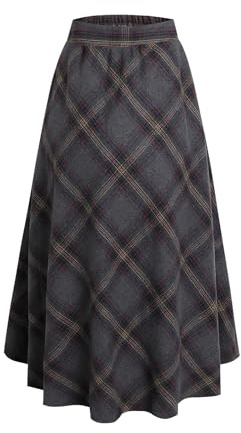 Jupe Longue Femme Hiver Laine Carreaux Taille Haute Évasée avec Poches | Jupe midi vintage fluide avec doublure lisse et douce, mode automne élégante pour le quotidien des femmes.
