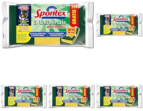 Spontex Universale Antibatterica 2+1, Spugna Abrasiva in Poliuretano, Dotata di Agente Antibatterico sulla Fibra (Confezione da 5)