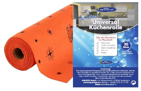 AQUA CLEAN Brillant Universal Küchenrolle, 20 Reinigungstücher Orange | 20 wiederverwendbare Mikrofasertücher auf Rolle – saugstark, fusselfrei und ideal zum Reinigen, Trocknen und Polieren.