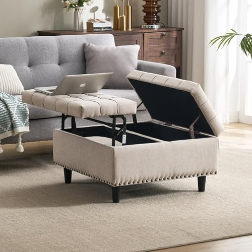 KOMHTOM 75 x 75 x 41cm Banc de Rangement Polyvalent, Repose-Pieds, Table Basse de Rangement Rembourrée,Moderne du Milieu du siècle, pour Salon, Chambre, Entrée (Beige-Lin)