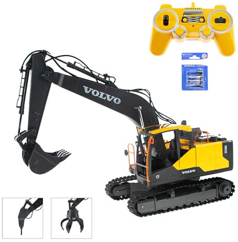 EFASO Pelleteuse télécommandée Volvo 1.16 avec pelle, marteau en métal et pince RTR avec télécommande, batterie, câble de charge et batterie pour la télécommande