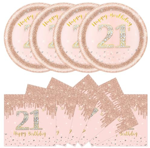 DHAIQC 50 Pcs 21st Birthday Paper Plates and Napkins Party Supplies, 7 Inch Rose Gold 21st Party Plates and Napkins Tableware Set for Women Girl Anniversary 21 st Birthday Decorations (21st)