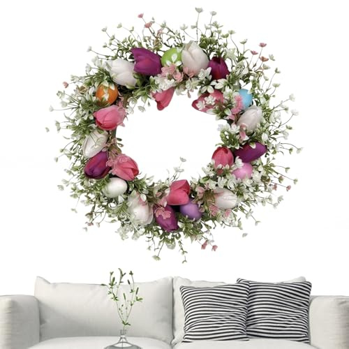 Tulpen-Eierkranz 45cm Osterkranz Frühlings Türkranz Ostern Künstliche Tulpenblumenkränze Frühlingskranz Mit Eiern Für Haustür, Ostern, Bauernhaus, Urlaub, Wand, Zuhause,