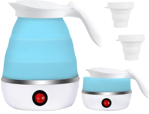 RANJIMA Hervidor de agua plegable de 0,6 L, para viajes, camping, 600 W, hervidor de agua de viaje de silicona con base de acero inoxidable + 2 vasos plegables para exteriores, senderismo, caravanas