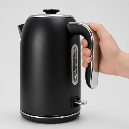 Toastley Kettle 1.7 Litre, Fast Boil, Cordless, Stainless Steel Matt Black | Auto shut-off, boil-dry protection, removable anti-scale filter, 360° swivel base, water level window, BPA-free