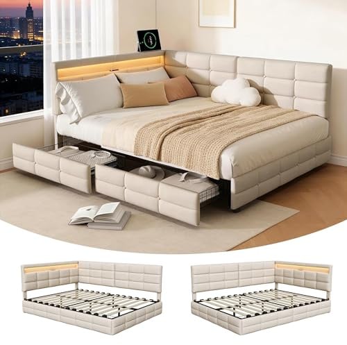 BRILVERDE Boxspringbett 140 x 190 mit Schubladen, gepolstertes Bett mit LED/USB-Licht, Schlafsofa mit Kopfteil, mit Lattenrost, Leinen (Beige, 140 x 190 cm)