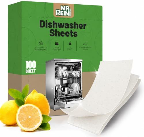 Mr.Reini Dishwasher Sheets 100 Loads, Plastic-Free Dishwasher Tablets Alternative, Enzyme Formula for Grease & Food Residue, Lemon Scent, Compact Pre-Measured Dishwashing Sheets