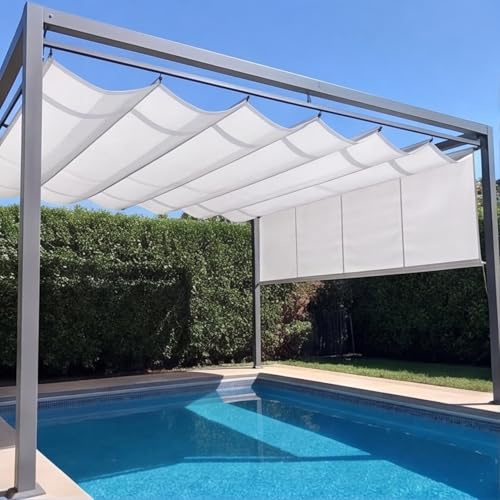 Toldo Retráctil 2.5 x 5 m Pérgola Ajustable Protección UV con Ojales y Cuerdas Cubierta Impermeable Retráctil Pérgola Dosel para Pergola, Balcón y Jardín, Blanco