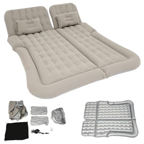 ROGONPDK Auto Luftbett Luftmatratze Rücksitz Aufblasbares Kissen & Pumpe, Tragbare Doppelbett Luftmatratze, Aufblasbare Matratze für Camping, Reisematratze, für SUV/LKW (Grau)