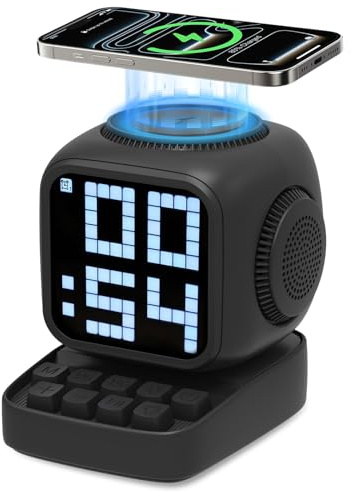 Banaone Altavoz Bluetooth Portátil Potente Inalámbrico con estación de Carga inductiva, Reloj de Mesa Digital Inteligente, Despertador con Ruido Blanco, para Escritorio, Oficina, (Negro)