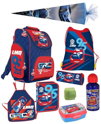 Familando - Schulranzen Set - 9-teilig mit Schultüte - Disney Cars - Ergonomisch, stabil & mit gepolstertem Rücken - 1010g leicht - 15L Volumen - Mit Reflektoren - Für Grundschule ab 1. Klasse