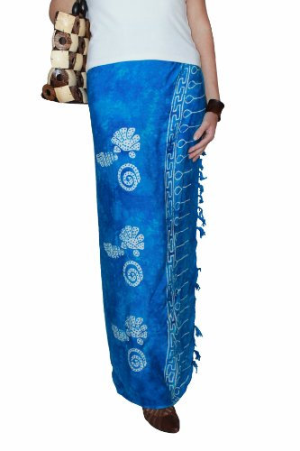 Naturesco Farbenfroher Bali Sarong Wickelrock Strandtuch Pareo Batik blau mit Muschelmotiv