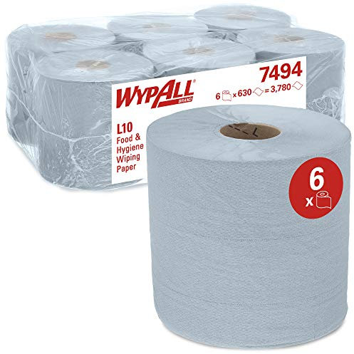 WypAll 7494 L10 Wipers, Airflex, 1-Ply, Centrefeed, 630 Sheets Roll per Box, Blue (Pack of 6)