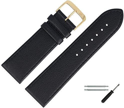 MARBURGER Uhrenarmband 30mm Leder Schwarz Gold Glatt Mit Naht - Montage Set 7593010000220