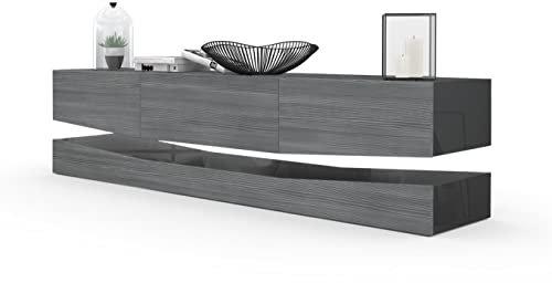 Vladon Buffet Bas City, Meuble TV avec Socle, 1 Compartiment Ouvert et 3 tiroirs, Noir Haute Brillance/Avola-Anthracite (178 x Variable x 39 cm)