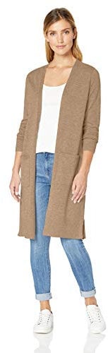 Amazon Essentials Women's Lightweight Longer Length Open-Front Long-Sleeve Cardigan Sweater (Available in Plus Size), Camel Heather, M
