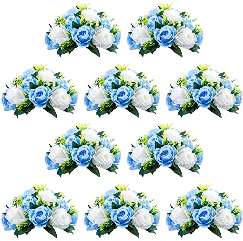 Nuptio, Confezione da 10 bouquet di fiori finti con 15 rose in plastica con base, adatto per centrotavola per matrimoni, feste, San Valentino, decorazioni per la casa (blu e bianco)